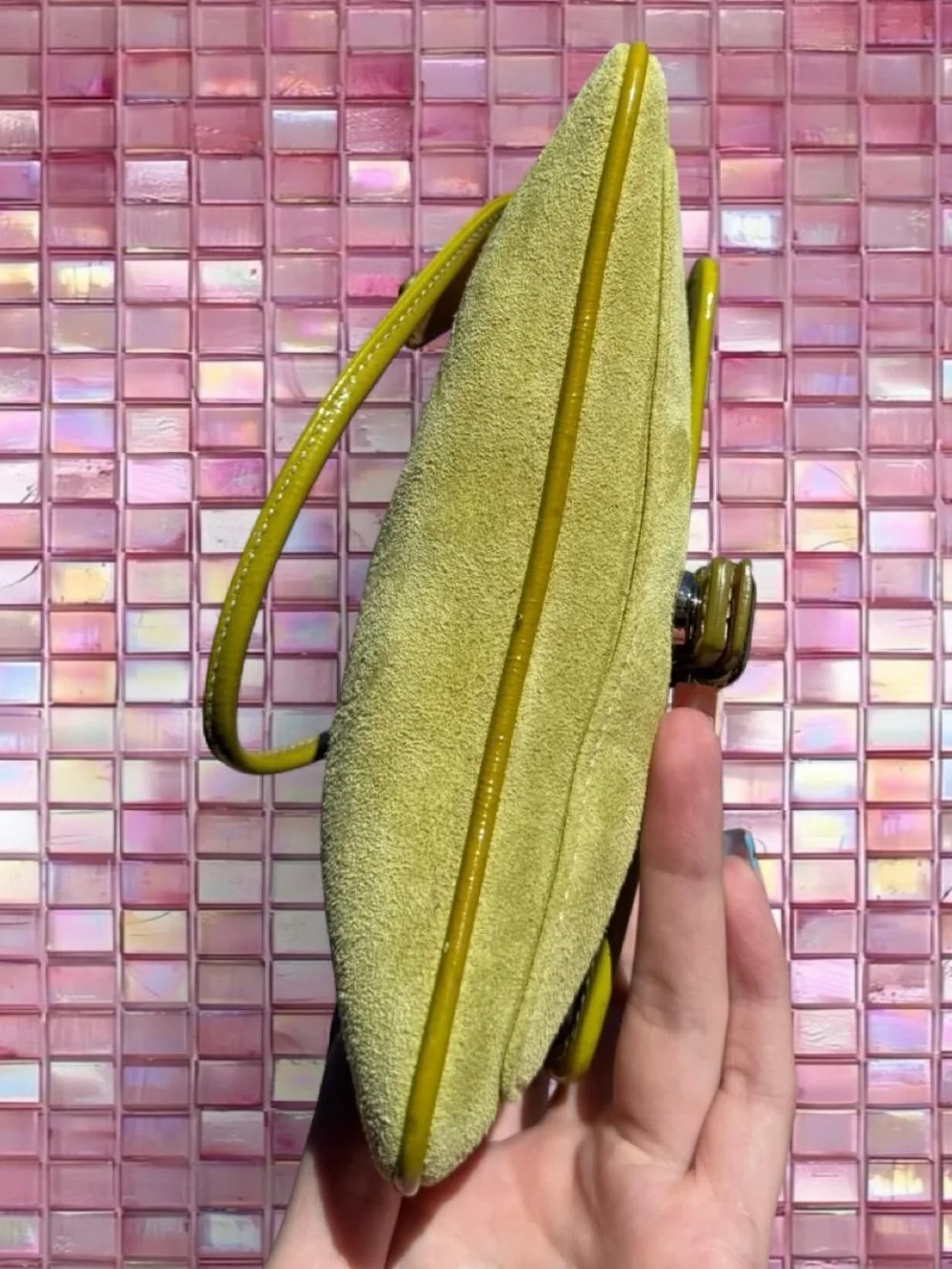 Coach Yellow-Lime Suede Wristlet Clutch with Patent Trim - Picture 4 of 6